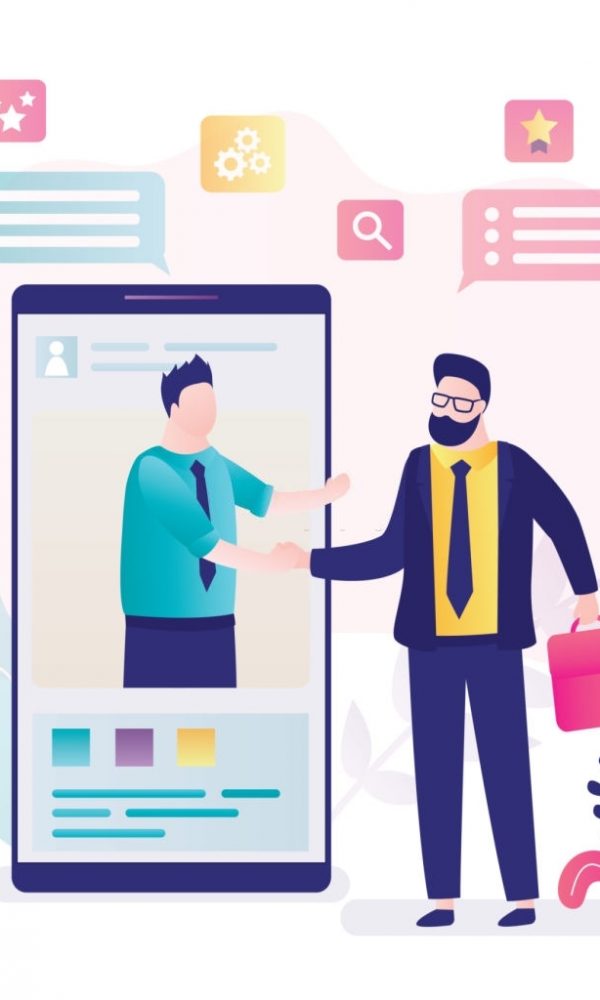 Successful negotiations, businesspeople shake hands on mobile phone screen. Remote negotiations on internet. Online business communication, successful deal. Handsome businessmen. Vector illustration